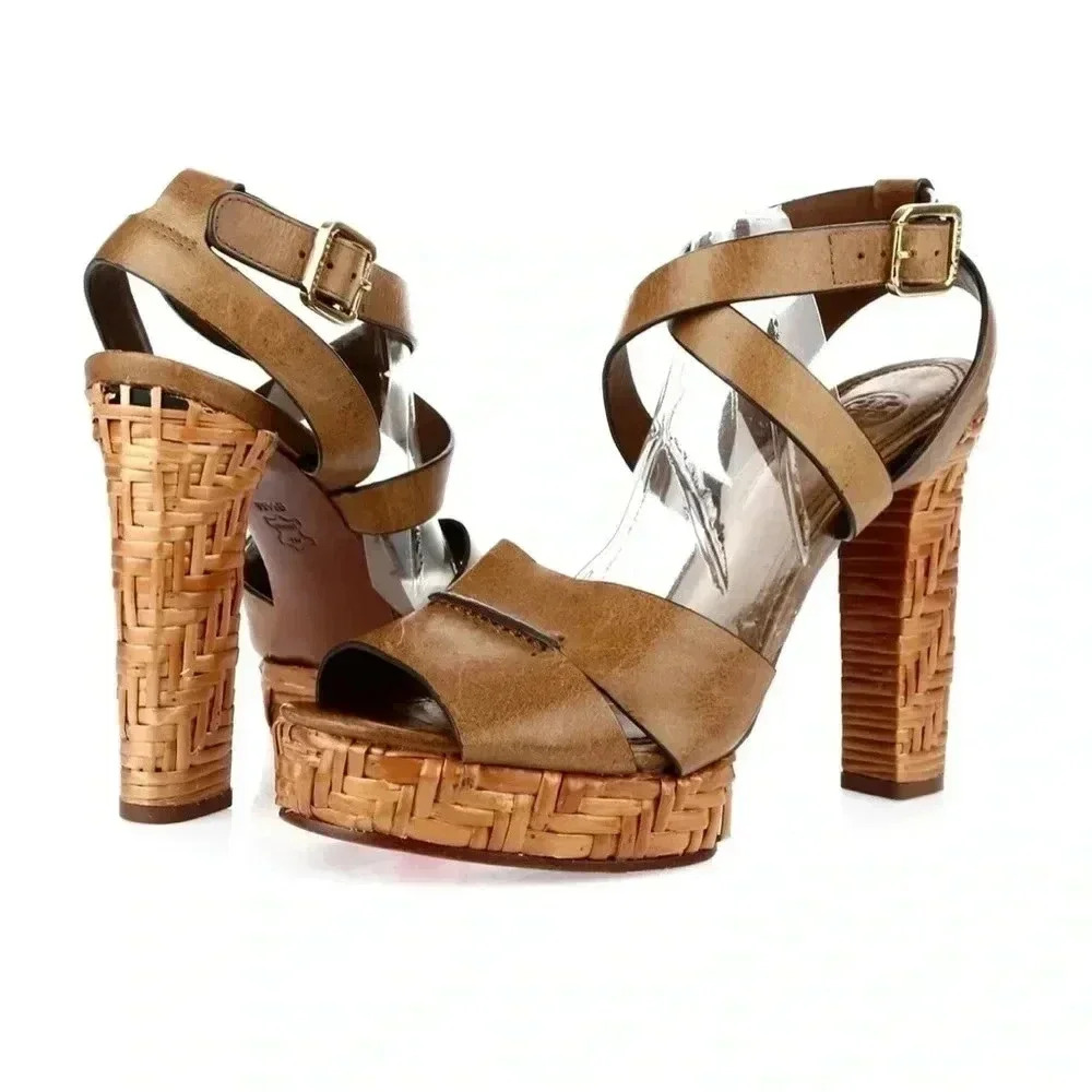 Tory Burch Cella Cognac Brown Leather Strappy Platforms Sandal Size 6.5